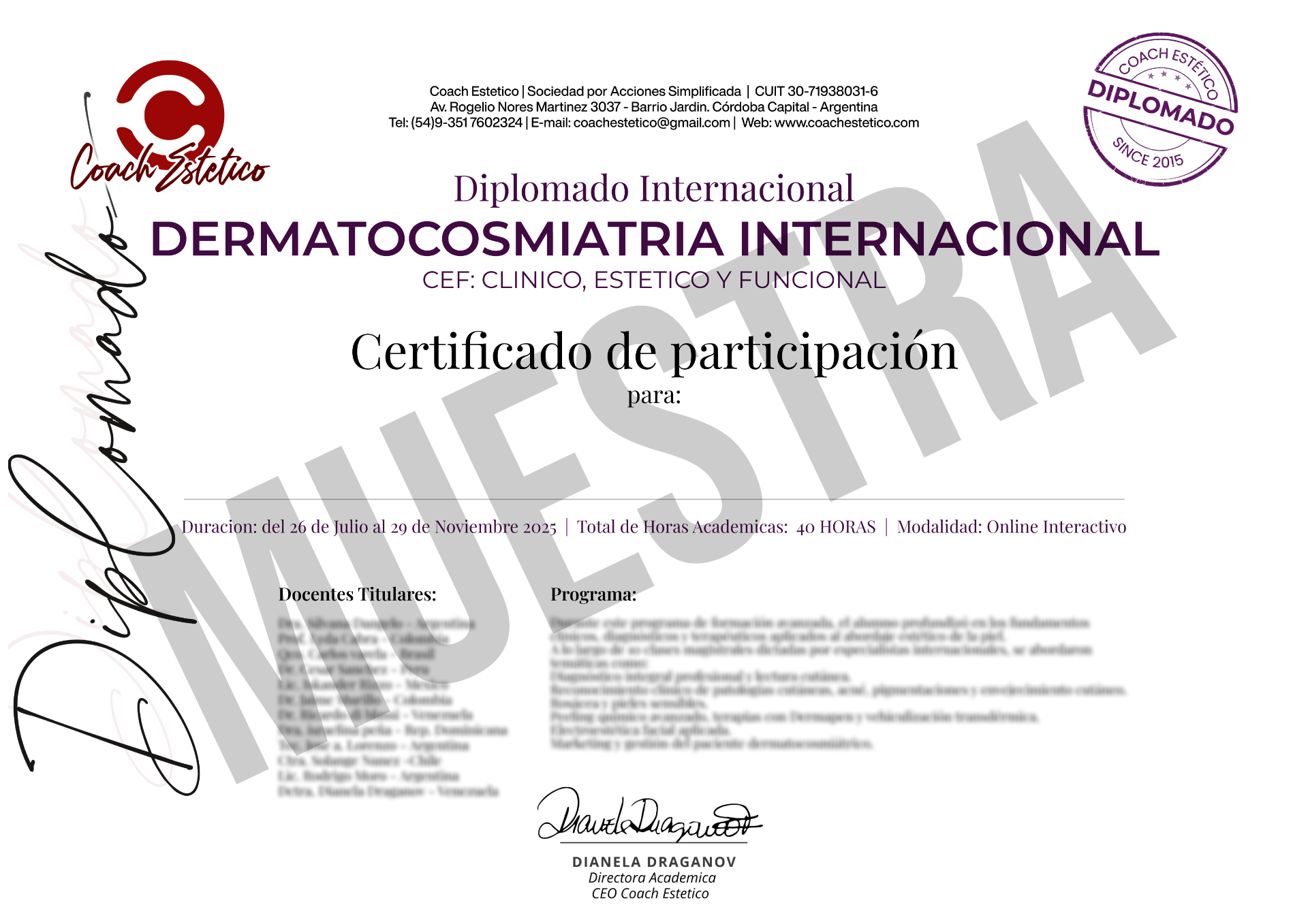 Certificado oficial de participación Coach Estético